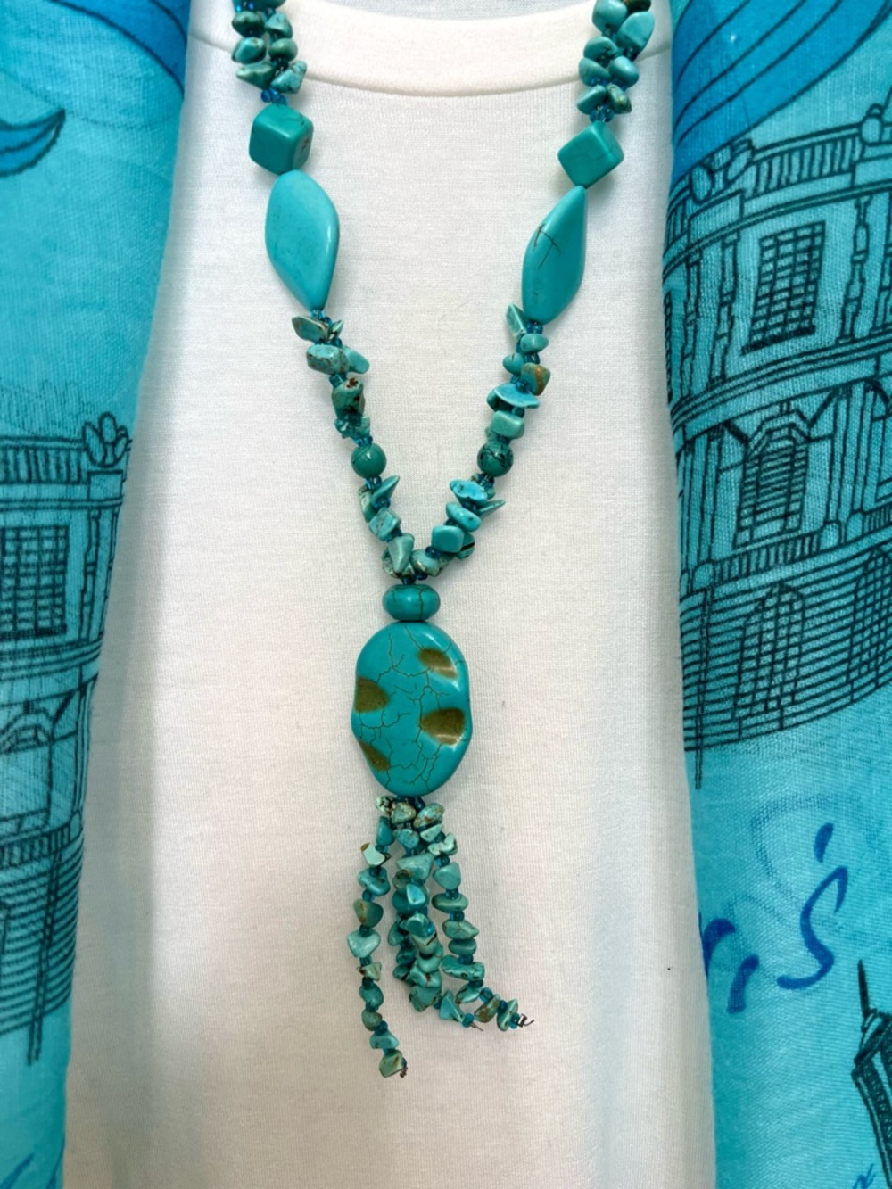 Turquoise like Stone Tassel Necklace - Blue Green Beaded Pendant